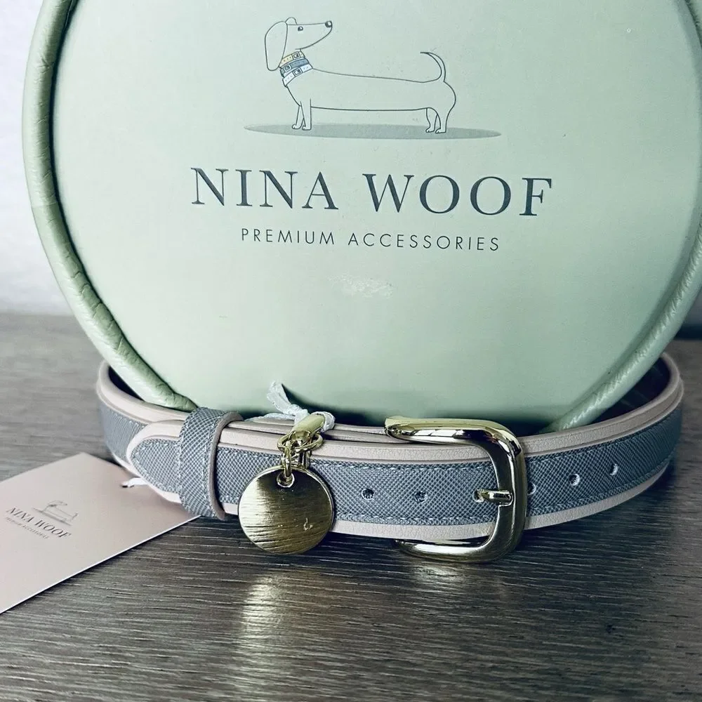 Nina Woof Premium Gray Gold Vegan Leather London Dog Collar